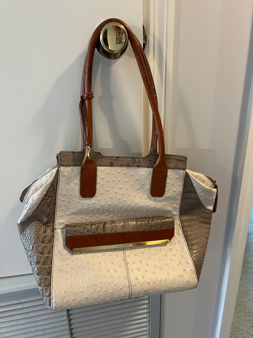 Brahmin Satchel White Gray Crocodile Ostrich Leather Handbag Double Handle